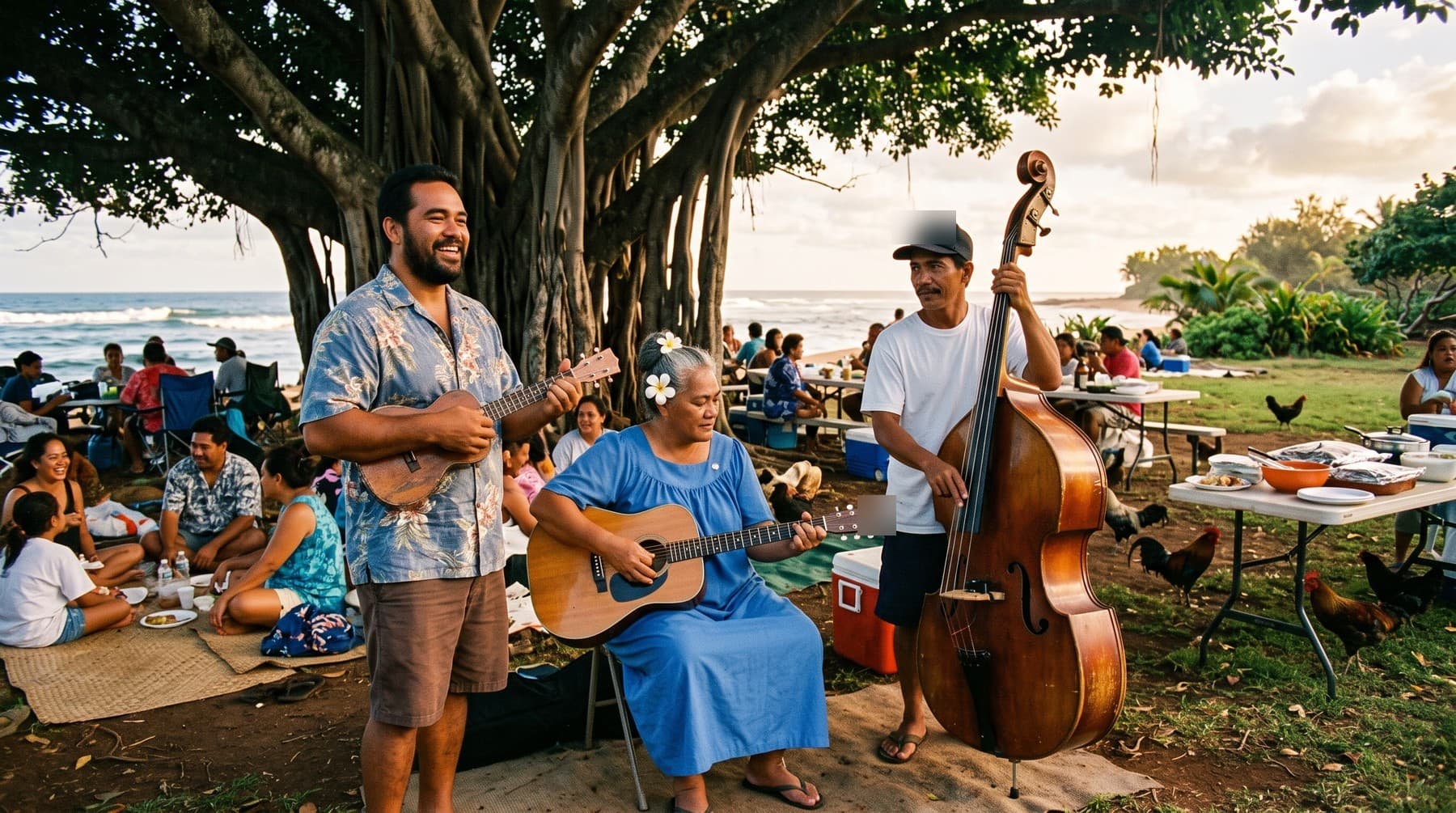 The trio playing under a large banyan tree at a beach park, families on mats and folding tables around them, roosters walking through the grass