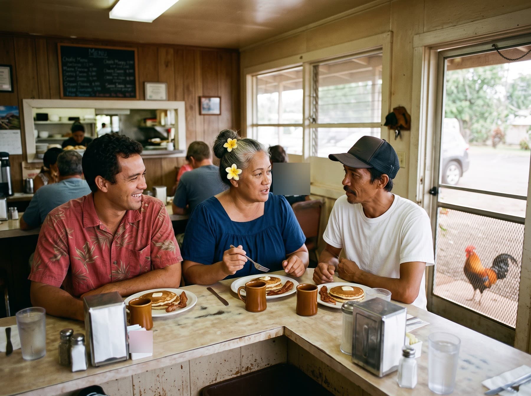 The trio at a diner counter with plates of pancakes, bacon and brown coffee mugs, a rooster standing outside the screen door