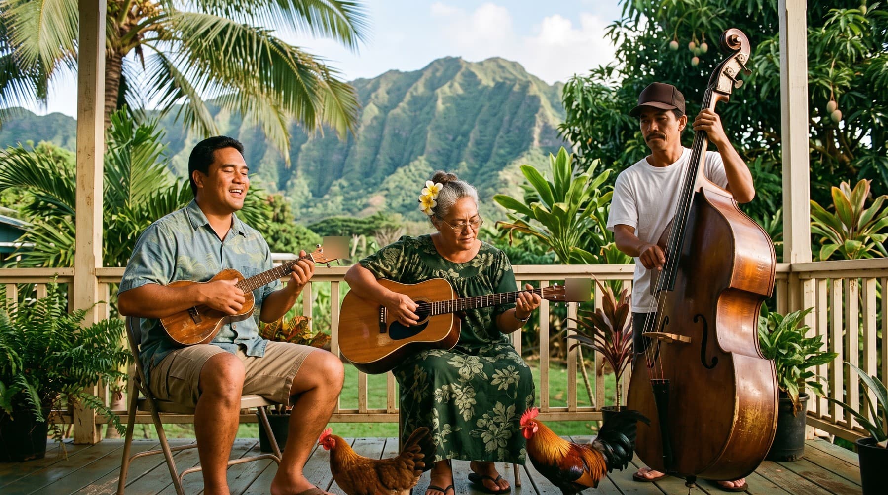 Three musicians on a wooden lānai with a green mountain ridge behind them: a man with an ʻukulele, an older woman with a plumeria in her gray hair playing guitar, and a man standing at an upright bass. Two roosters stand on the deck.