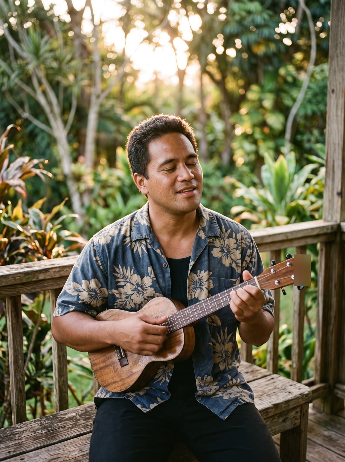 Kimo, a Hawaiian man in his thirties in a faded blue aloha shirt, eyes closed, singing and playing ʻukulele on a wooden lānai