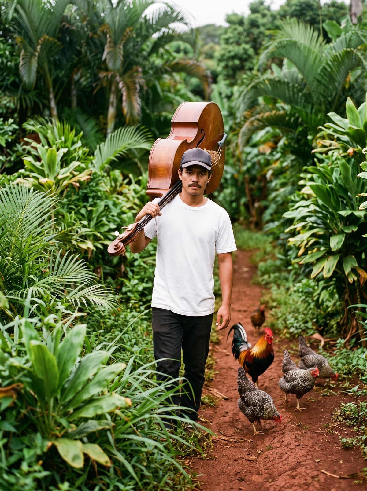 Rodney, a man with a thin mustache in a cap and white tee, carrying an upright bass on his shoulder down a red-dirt road, hens at his feet