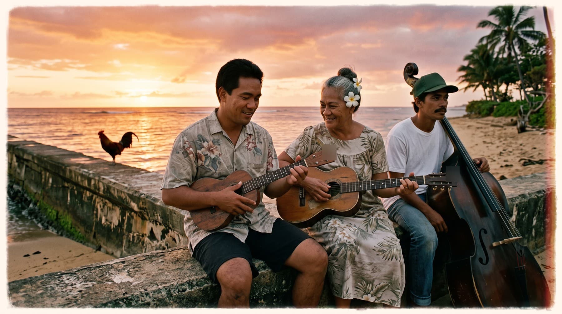 The trio sitting on a seawall at sunset with ʻukulele, guitar and upright bass, a rooster standing on the wall behind them
